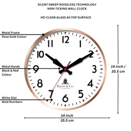 HARRIS & CO. CLOCKMASTERS ( 14 inch Premium Luxury Metal Wall Clock with Glass and Silent Sweep Noiseless Technology, Rose Gold Metal Frame Model Name - Coventry Street