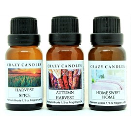 Crazy Candles 3 Bottles Set, 1 Harvest Spice, 1 Autumn Harvest, 1 Home Sweet Home 1/2 Fl Oz Each (15ml) Premium Grade Scented Fragrance Oils