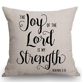Swono Christian Quote Joy of The Lord is My Strength Rustic Decoration Farmhouse Décor Cotton Linen Home Decorative Throw Pillow Case Cushion Cover for Sofa Couch, 18" x 18"