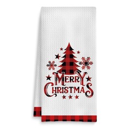 Fuasei Christmas Kitchen Towels, Red Buffalo Plaid Christmas Tree Hand Towels for Bathroom, Christmas Dish Towels Tea Towels for Kitchen, Christmas Kitchen Bathroom Decor, 16x24 Inches