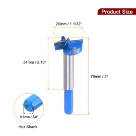 sourcing map Forstner Drill Bits 26mm (1 1/32") Hex Shank 3/8 inch, Carbide Forstner Bit Woodworking Hole Opener Cutter Tool for Wood Drilling/Cabinet Hinges, Blue
