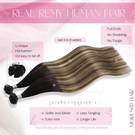 Moresoo U Tip Hair Extensions Human Hair Natural Black to Dark Brown and Blonde Balayage Utip Hair Extensions Real Human Hair Dark Brown K Tip Hair Extensions Human Hair 16 inch 50g/50s
