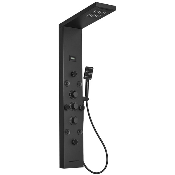 BWE Shower Panel Rainfall Waterfall with Handheld Shower Matte Black 6 IN 1 Stainless Steel Shower Tower Panel System Massage Body Jets with Tub Spout Water Temperature Display Wall Mount