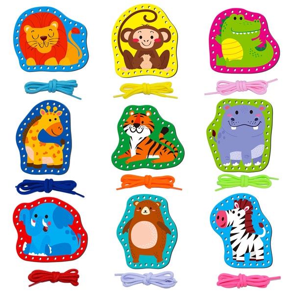 9 Lacing Cards, 9 Wild Animals Double-Sided Sewing Cards with 9 Colorful Laces, Lacing Games for Imagination Development, Educational and Learning Activities