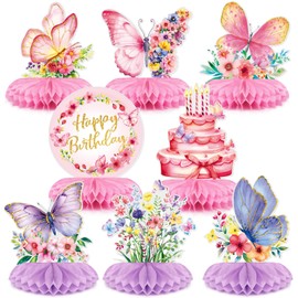 BETESSIN Butterfly Decoration Birthday Girl - Set of 8 Butterflies Table Decoration Birthday - Honeycomb Centrepiece - Table Decoration for Children's Birthdays and Butterfly Theme Parties