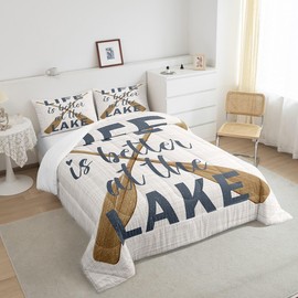 Lake Life Comforter Set Queen Size,Life is Better at The Lake Themed Bedding Set for Women Adult,Oars Paddle Retro Rustic Farmhouse Luxury Bed Duvet Insert, 2 Pillowcases