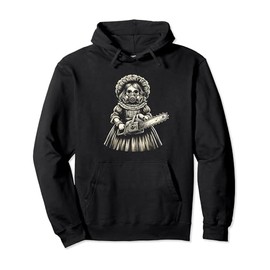 Creepy Girl Wearing Gas Mask Holding a Chainsaw Horror Fan Pullover Hoodie