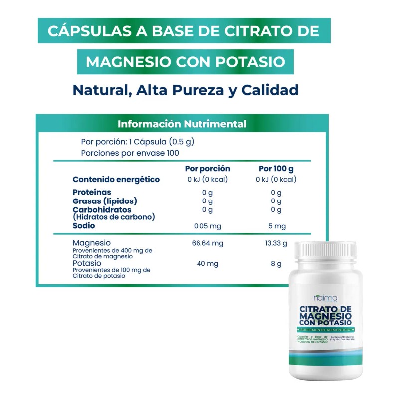 Citrato De Magnesio + Potasio 500mg - 100 Cápsulas Sabor