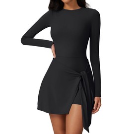 Dokuritu Athletic Rompers for Women Long Sleeve High Neck Tennis Dress with Built in Shorts Knot Backless Sports Golf Dresses