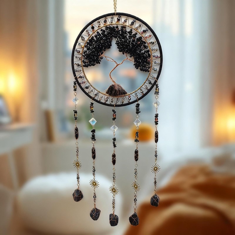 RAGKUU Black Large Tree of Life Dream Catcher with Stone