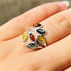 Silver Amber Jewellery - 925 Sterling Silver and Mix Baltic Amber Multi stone Designer Ring - UK Rng Size L - M723L
