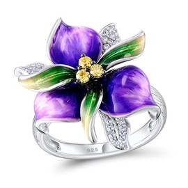 HAIXIAN Silver Blooming Purple Flower Enamel Ring,Thick Platinum Plated Colorfull Resin Floral Statement Ring,Cocktail Party Flower Ring Jewelry Gift for Women Her (Ring_A, 7)