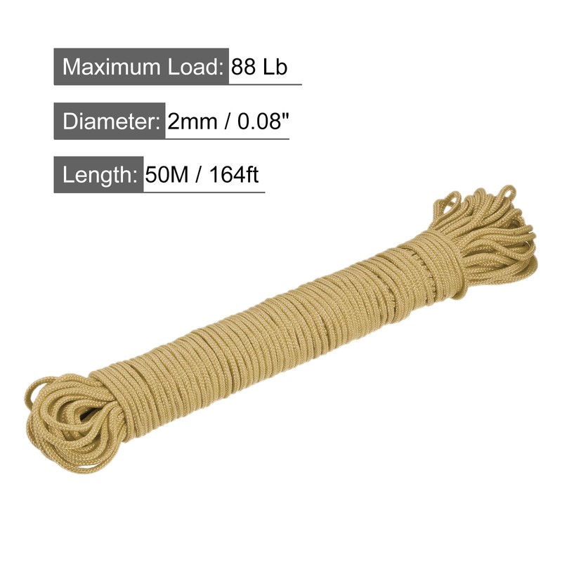 sourcing map Polypropylene Rope Braid Cord 50M/164ft 2mm Dia Brown