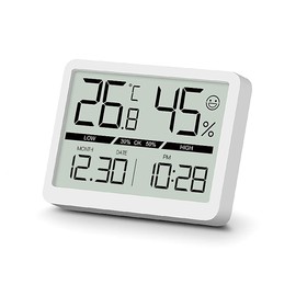 Wisebee Digital Temperature and Humidity Meter for Baby Room, Living Room, Large Screen and Clear Display, Simple Magnetic Installation, Facial Expressions, Time Display, Battery Powered (White)
