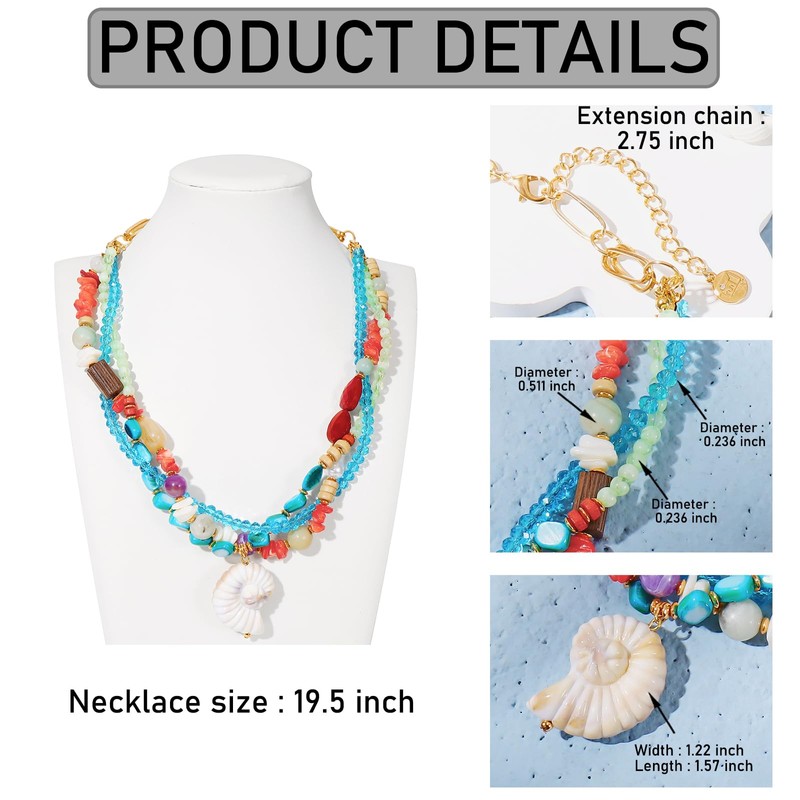 Firstmeet Bohemian Summer Necklace with Conch Pendant Glass, Shell, Acrylic,