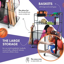 HOME IT Garage Sports Equipment Organizer - Garage Ball Storage Rack Organizer Holder with Baskets, Rolling Wheels & Breaks - Large Capacity Heavy Duty Steel Ball Storage Cart