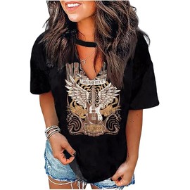 Tennessee Music Band Shirts for Women Vintage Country Music Tee Rock Nashville Hollow Out V Neck Short Sleeved (Medium,A-Black)