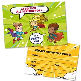 (Pack of 20) Flying Superhero Birthday Party Invitations with Yellow Envelopes