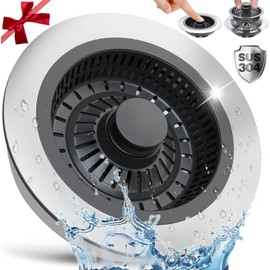 Upgraded 3in1 Kitchen Sink Drain Strainer & Sink Stopper,304 Stainless Steel Metal Sink Drain Stopper with Anti-Clogging Wider Strainer Basket,Kitchen Essentials for US Standard 3-1/2" Drain (Silver)