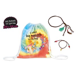 Lena 42608 Bastelset Batik Boho, DIY Rucksack, Komplettset mit Leinenrucksack 29 x 34 cm, 5 Batikfarben, 3 Textilstifte, Bügelfolien, Haarperlen und Flecht-Haarband für Kinder ab 8 Jahre, Mittel