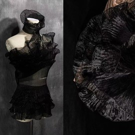 7Yards Ruffled Lace Fabric for Fashion Designers, Ideal for DIY Clothing and Sewing Decoration, Includes Silk Fabric, Ribbon, Organza Ribbon, Iridescent Ribbon, and Fabric Trim (Black)