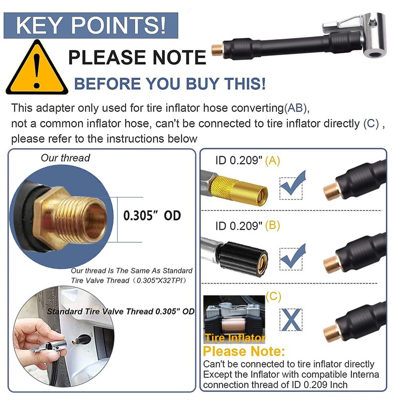 Flexible Extension Tire Valve Adaptor, air Hose inflator Adapter, Standard