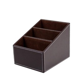 STOBOK Pu Leather Remote Control and Cd Organizer Caddy Holder Trapezoidal Desktop Storage Box Cosmos Fastening Strap Interior for Home and Office Use Coffee