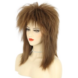 karlery Women Men Long Curly Brown Wig with Necklace 70s 80s Rocker Mullet Costume Wig Halloween Cosplay Party Wig