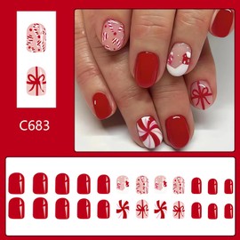 24Pcs Red Christmas Press on Nails Short Fake Nails Glossy Winter Acrylic Nails Full Cover Red Stripe Bow Glue on Christmas Nails Short Square Stick on Nails for Women Christmas Day Finger Manicure