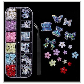 Chunmeng12 Grid 3D Colorful Flowers and 6 Crystal Accessories With Different Shapes Nail Art Pearl Designs Nail Art Supplies DIY Nail Art Accessories for Women 1 Pair of Tweezers