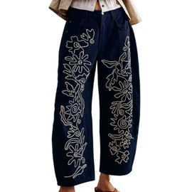 YSW Embroidered Mid Rise Jeans for Women Baggy Boyfriend Jean Boho Barrel Horseshoe Vintage Pants Navy M