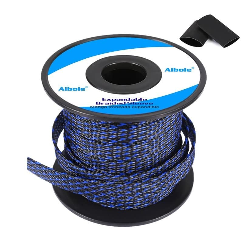 Aibole 100Ft-3/8 Balck＆Blue Cable Management Cord Protector Braided Wire Loom