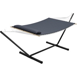 Double Hammock with Foldable Stand, 2 Person Hammock with Quilted Polyester Pad, Heavy Duty Portable Hammocks with Carrying Bag for Outdoor, Patio, Backyard, Poolside, 450 lbs Capacity, Dark Gray