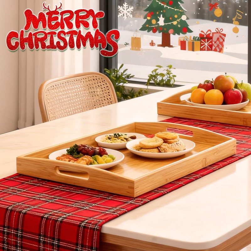 2 Pack Bamboo Serving Tray with Handles, Portable Bed Tray