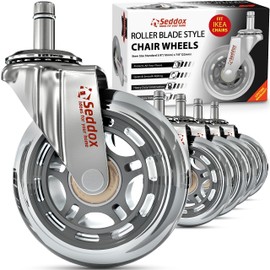 Office Chair Wheels Replacement Set 10mm (3/8" x 7/8") Stem - Fits IKEA Chairs ONLY - Soft Desk Chair Casters for Wood Floors & Carpet - Heavy Duty & Safe for All Floors Without Chair Mats - Silver