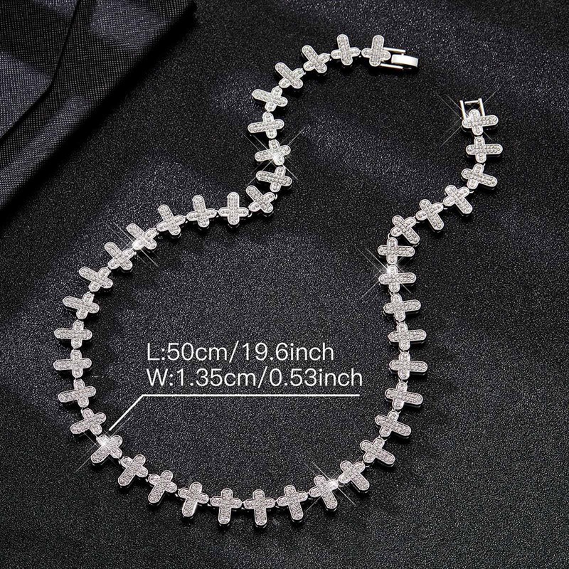 Xikui Rhinestone Cross-style Cuban Chain, Silver-plated Gold-plated Bling Necklace, 13MM