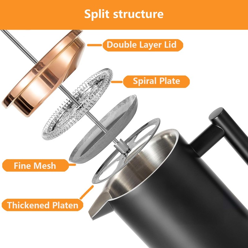 Meelio Black French Press Stainless Steel 34oz, Double Wall Insulated