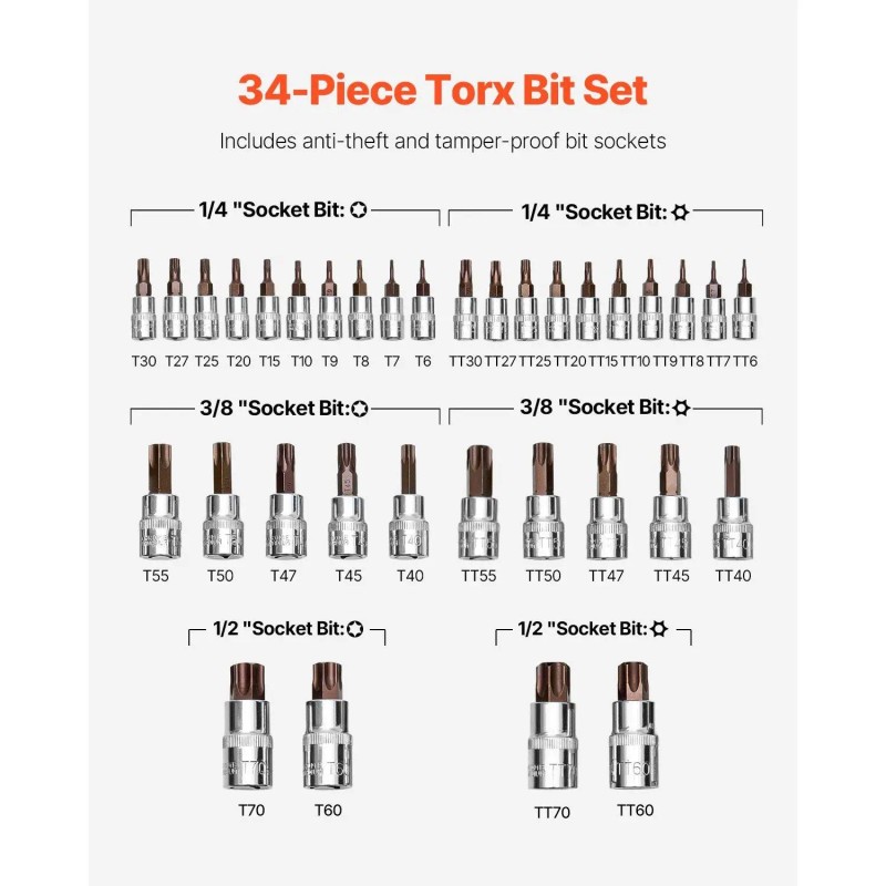 Solid Star Torx Bit Socket Set T6 T70 1/2 in
