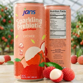 Jans Sparkling Prebiotic with Collagen Soda Beverage — Lychee 8.4 Fl Oz (24-Pack) – Low Calorie, NO Added Sugar, Non-GMO Sparkling Fruit Beverage, Gut Health Support