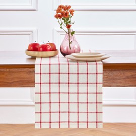 Solino Home Plaid Linen Table Runner 60 Inch - 100% Pure Linen Tofu and Red Check Table Runner 14 x 60 Inch - Handcrafted and Machine Washable Fabric - Windowpane