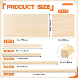 DOITEM 217 PCS Natural Wood Craft Natural Wooden Square Sticks Balsa Wood Sheets Smooth Popsicle Art Stick Square Sticks Perfect for Craft Items