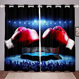 Boxing Gloves Pattern Curtain Sports Theme Window Drapes for Kids Boys Girls Teens Boxing Match Window Treatments Breathable Cool Red Blue Window Curtain Room Decor W46*L72