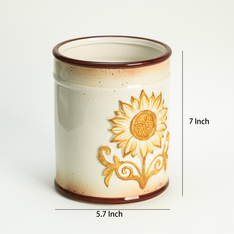 SOCOSY Ceramic Retro Sunflower Embossed Kitchen Utensil Holder, Large Cooking