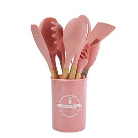 Silicon Cooking UTENSILES, 12PCS Kitchen UNETSILE Set with Wooden Handle | Heat Resistance | Gadget Set | Spatula Sets | Brush | Whisk | Tongs | Bucket (Pink)