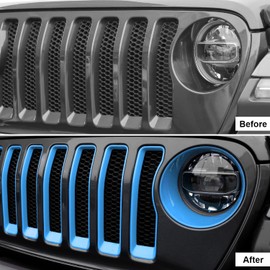 CheroCar for JL Mesh Grille Grill Insert & Headlight Turn Light Cover Trim Exterior Accessories for Jeep Wrangler JL 2018-2022,Light Blue