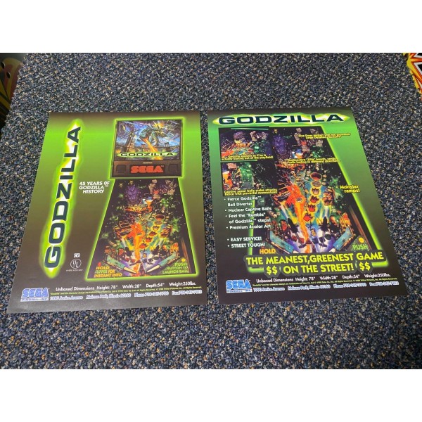 2 1988 SEGA FACTORY ORIGINAL GODZILLA FLYERS UNCIRCULATED W/ FREE