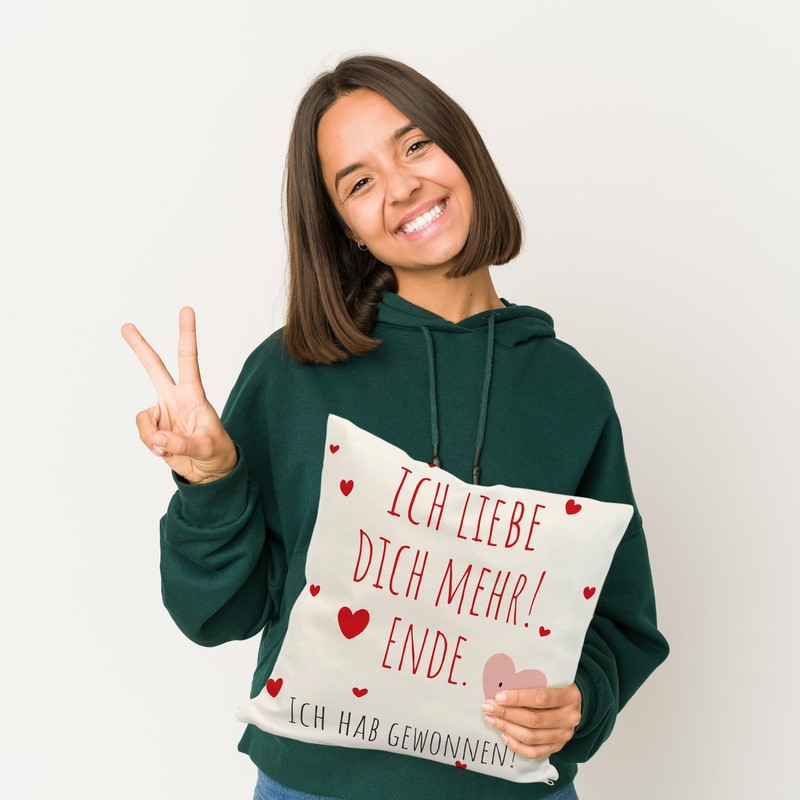 speecheese Herzen Kissen mit Spruch Ich Liebe Dich mehr! Ende.