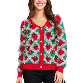 Tipsy Elves Classic Cute Cardigan Ugly Christmas Sweaters for Women with Fun Patterns and Animals - Women's Colorful Red Tacky Tinsel Christmas Cardigan Size 4X