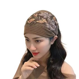 Floral Embroidered Knit Headband, Wide Elastic Hair Band, Brown