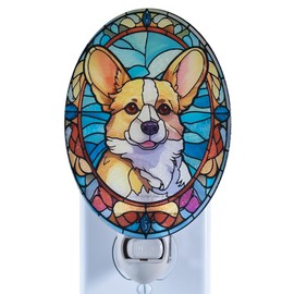 VOUWOWOX Corgi Dog Night Light Stained Glass Style Pet Décor for Dog Lovers Plug in Wall Animal Nightlight for Bathroom Bedroom Hallway Gift for Corgi Owners